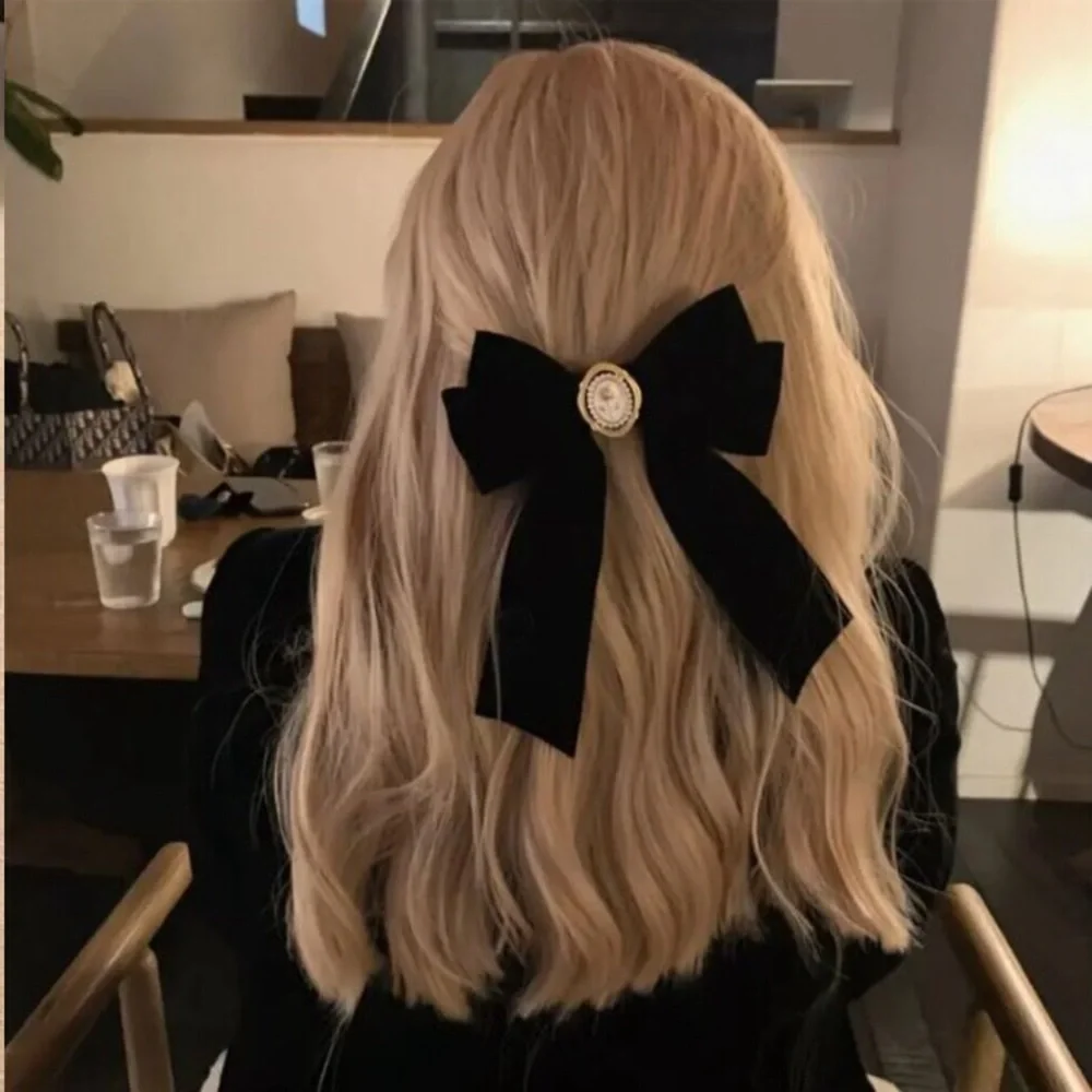 NEW Romantic Victorian Girl Black Velvet Gold Rose Bow Hair Clip